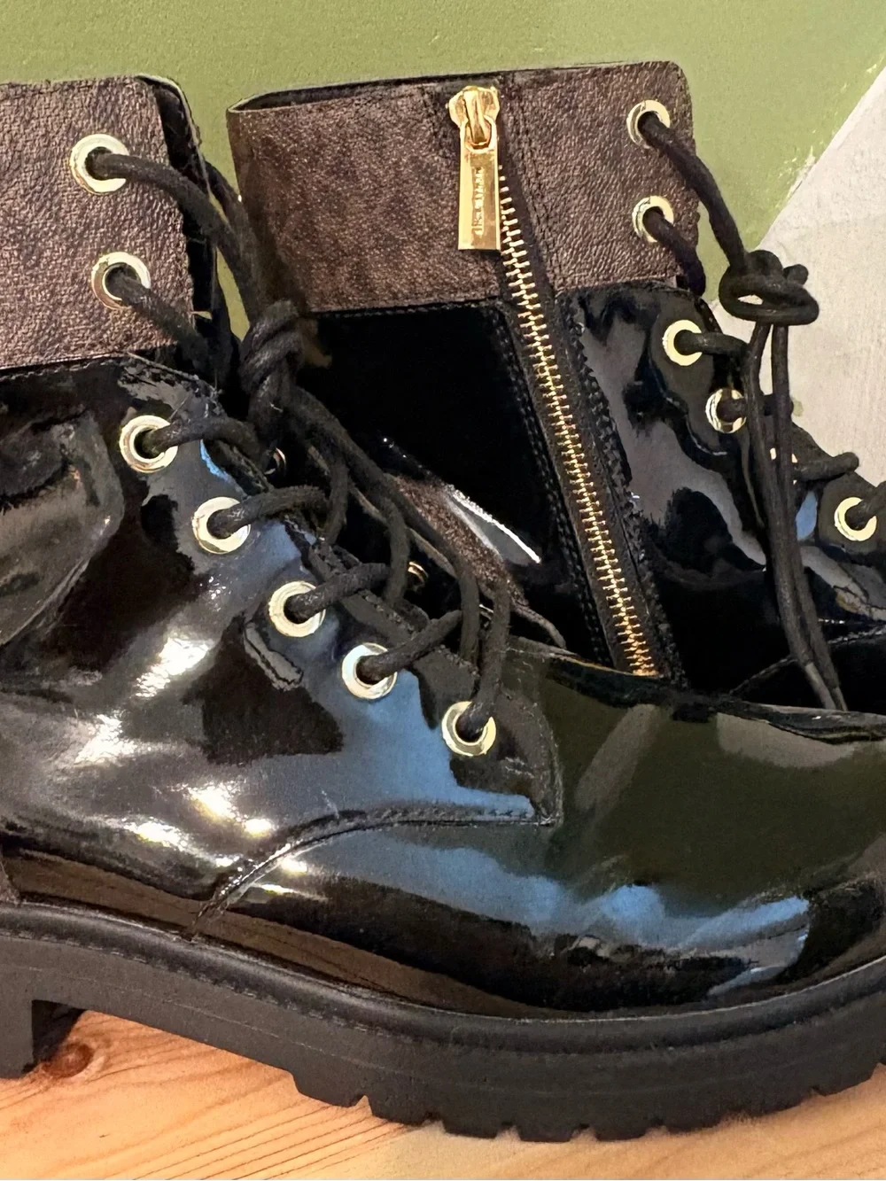 Michael Kors Black Patent Lace-Up Combat Boots with Gold Accents